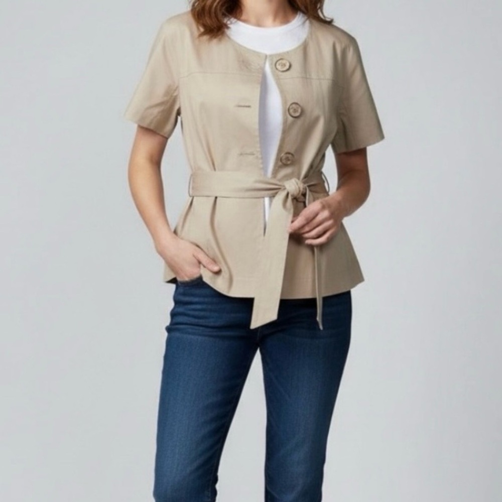 Apostrophe Belted Blazer Jacket Women’s L Beige Cotton Canvas Statement Buttons - Picture 2 of 16